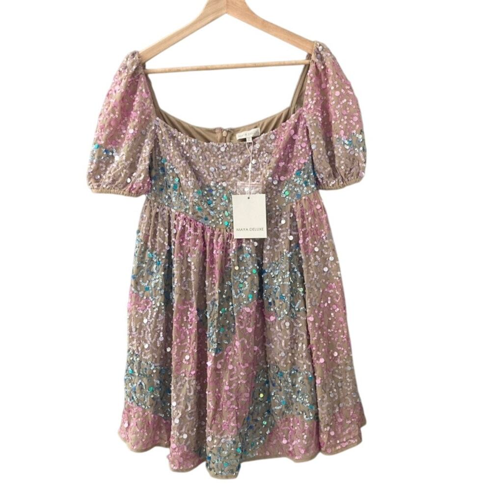 Maya Deluxe NEW Puff Sleeve Sequin Embellished Mini Dress - Gold Multi - 6